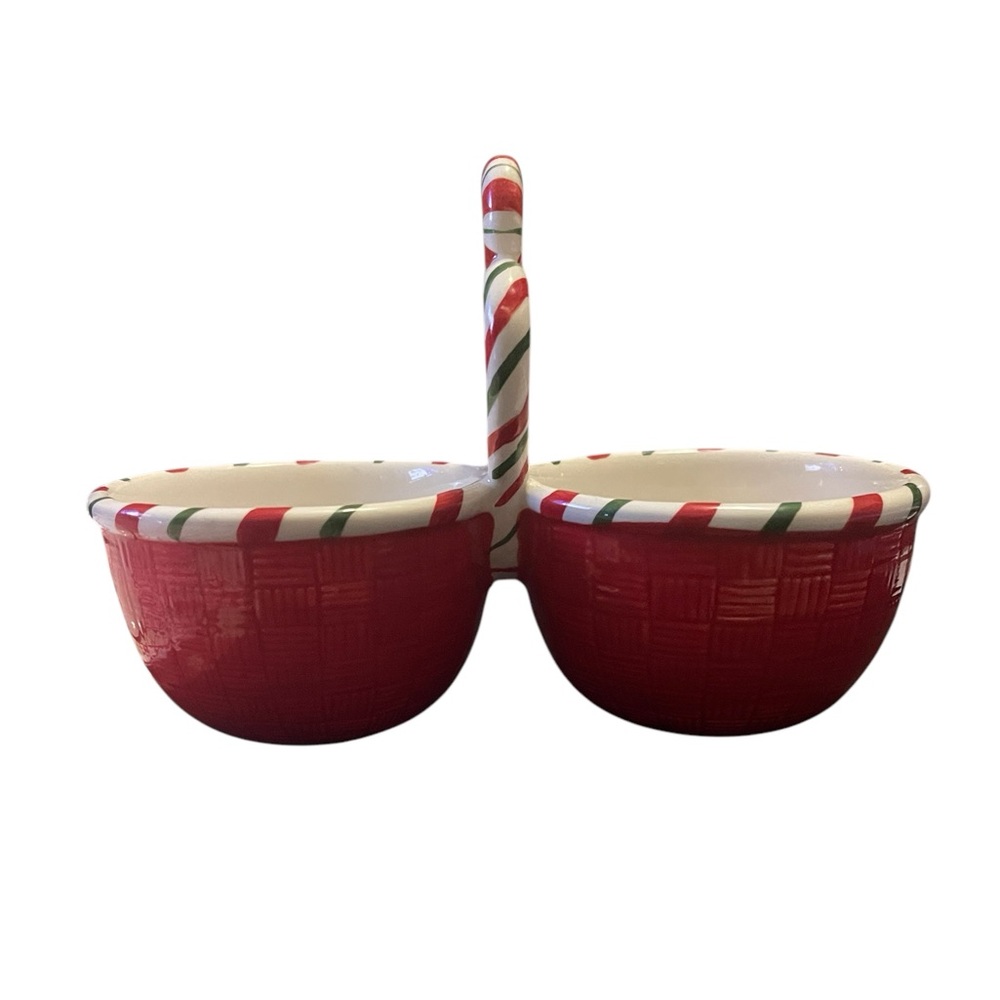 Fitz & Floyd Sugar Coated Christmas Two (2) Section Divided Candy / Dip  Bowl